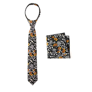 Boys' Cotton Floral Print Zipper Necktie and Pocket Square Set, Black Mustard (Color F41)