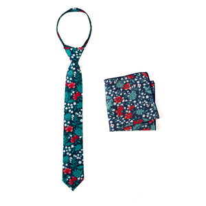Boys' Cotton Floral Print Zipper Necktie and Pocket Square Set, Blue Red (Color F42)