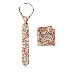 Boys' Cotton Floral Print Zipper Necktie and Pocket Square Set, Sienna (Color F43)