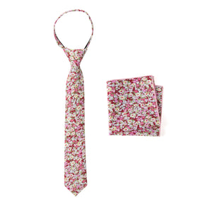 Boys' Cotton Floral Print Zipper Necktie and Pocket Square Set, Cinnamon (Color F46)