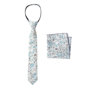 Boys' Cotton Floral Print Zipper Necktie and Pocket Square Set, Dusty Blue (Color F48)