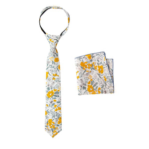 Boys' Cotton Floral Print Zipper Necktie and Pocket Square Set, Marigold (Color F49)
