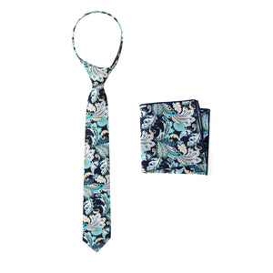Boys' Cotton Floral Print Zipper Necktie and Pocket Square Set, Marine (Color F50)