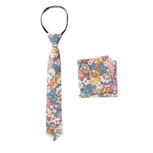 Boys' Cotton Floral Print Zipper Necktie and Pocket Square Set, Lavender Haze (Color F53)