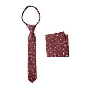 Boys' Cotton Floral Print Zipper Necktie and Pocket Square Set, Rust (Color F56)