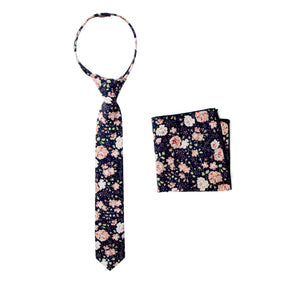 Boys' Cotton Floral Print Zipper Necktie and Pocket Square Set, Navy Blush Pink (Color F59)