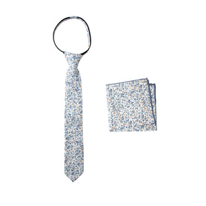 Boys' Cotton Floral Print Zipper Necktie and Pocket Square Set, Steel Blue (Color F67)
