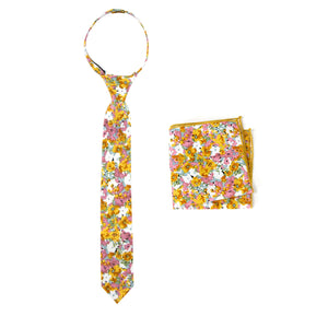 Boys' Cotton Floral Print Zipper Necktie and Pocket Square Set, Yellow Pink (Color F68)