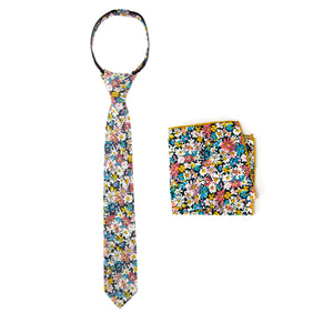 Boys' Cotton Floral Print Zipper Necktie and Pocket Square Set, Navy Coral (Color F71)