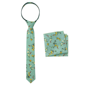 Boys' Cotton Floral Print Zipper Necktie and Pocket Square Set, Green Yellow (Color F72)