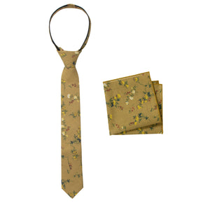 Boys' Cotton Floral Print Zipper Necktie and Pocket Square Set, Yellow Mustard (Color F73)