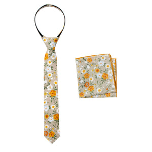 Boys' Cotton Floral Print Zipper Necktie and Pocket Square Set, Taupe Khaki (Color F74)