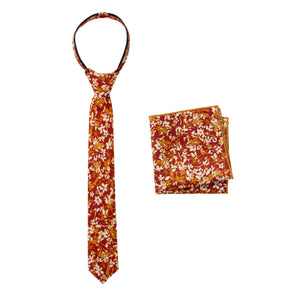 Boys' Cotton Floral Print Zipper Necktie and Pocket Square Set, Rust (Color F75)