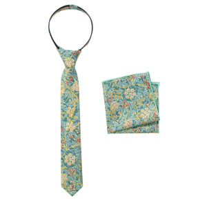 Boys' Cotton Floral Print Zipper Necktie and Pocket Square Set, Green Yellow (Color F76)