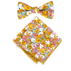 Boy's Cotton Floral Print Bow Tie and Pocket Square Set, Pink Yellow (Color F68)