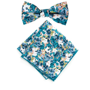 Boy's Cotton Floral Print Bow Tie and Pocket Square Set, Teal (Color F69)