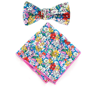Boy's Cotton Floral Print Bow Tie and Pocket Square Set, Blue Yellow (Color F70)