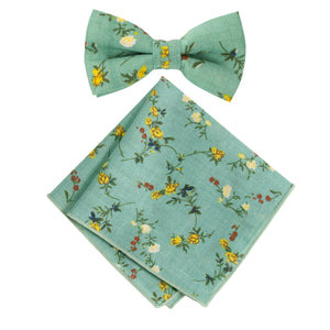 Boy's Cotton Floral Print Bow Tie and Pocket Square Set, Green Yellow (Color F72)