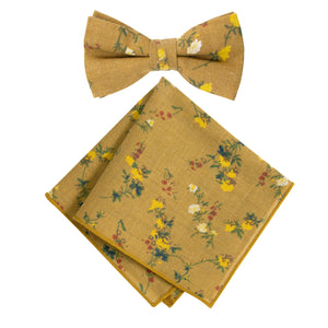 Boy's Cotton Floral Print Bow Tie and Pocket Square Set, Yellow Mustard (Color F73)