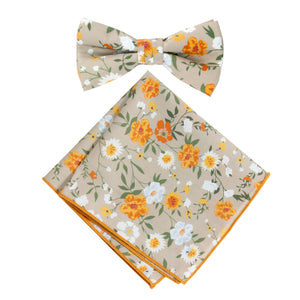 Boy's Cotton Floral Print Bow Tie and Pocket Square Set, Taupe Khaki (Color F74)