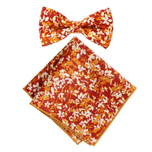 Boy's Cotton Floral Print Bow Tie and Pocket Square Set, Rust (Color F75)