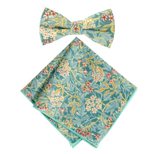 Boy's Cotton Floral Print Bow Tie and Pocket Square Set, Green Yellow (Color F76)