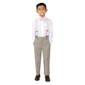 Boy's 4 Piece Suspenders Outfit, Tan White Pink