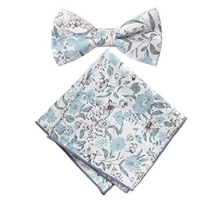 Boy's Cotton Floral Print Bow Tie and Pocket Square Set, Dusty Blue (Color F48)