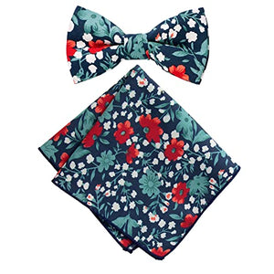 Boy's Cotton Floral Print Bow Tie and Pocket Square Set, Blue Red (Color F42)