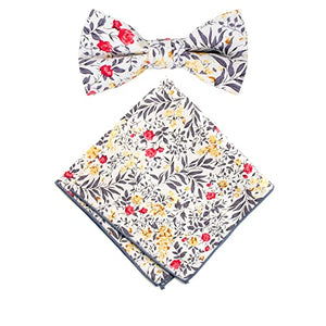 Boy's Cotton Floral Print Bow Tie and Pocket Square Set, Yellow Red (Color F62)