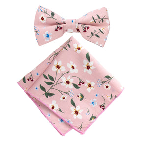Boy's Cotton Floral Print Bow Tie and Pocket Square Set, Light Pink (Color F29)
