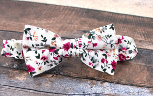 Boy's Cotton Floral Print Bow Tie and Pocket Square Set, White (Color F22)