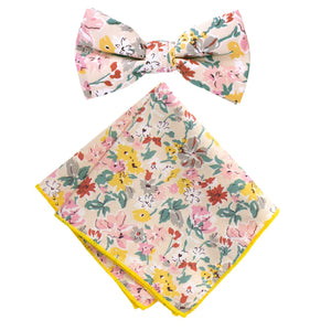Boy's Cotton Floral Print Bow Tie and Pocket Square Set, Ivory (Color F33)