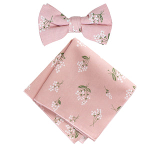 Boy's Cotton Floral Print Bow Tie and Pocket Square Set, Blush Pink (Color F13)