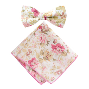 Men's Cotton Floral Bow Tie and Handkerchief Set, Peach (Color F25)