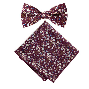 Boy's Cotton Floral Print Bow Tie and Pocket Square Set, Wine (Color F47)