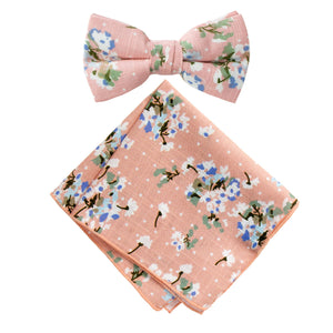 Boy's Cotton Floral Print Bow Tie and Pocket Square Set, Light Pink (Color F18)