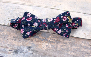 Boy's Cotton Floral Print Bow Tie and Pocket Square Set, Navy (Color F23)