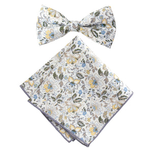 Men's Cotton Floral Bow Tie and Handkerchief Set, Gold Metallic (Color F44)