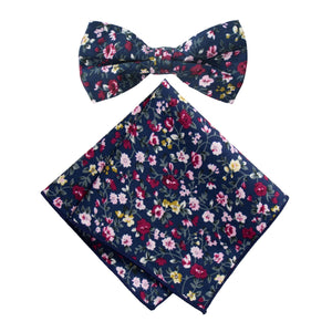 Men's Cotton Floral Bow Tie and Handkerchief Set, Navy (Color F23)
