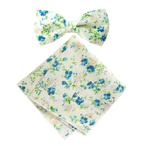 Men's Cotton Floral Bow Tie and Handkerchief Set, Blue (Color F26)
