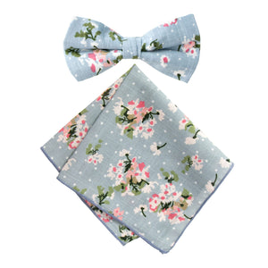 Men's Cotton Floral Bow Tie and Handkerchief Set, Light Blue (Color F19)