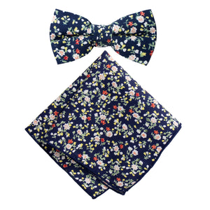 Boy's Cotton Floral Print Bow Tie and Pocket Square Set, Navy (Color F21)