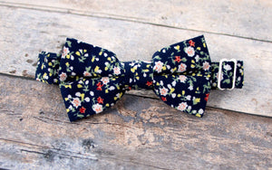 Boy's Cotton Floral Print Bow Tie and Pocket Square Set, Navy (Color F21)
