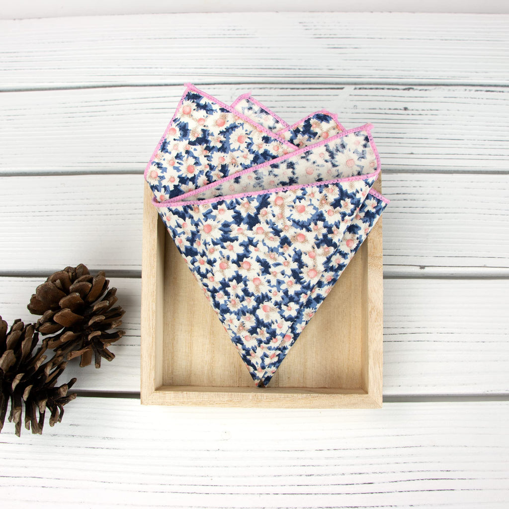 Boy's Cotton Floral Print Bow Tie and Pocket Square Set, Blue Pink (Color F28)