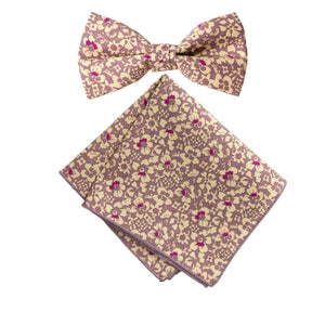 Men's Cotton Floral Bow Tie and Handkerchief Set, Rose Gold (Color F55)