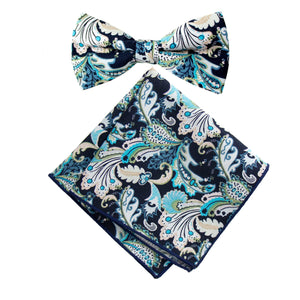Men's Cotton Floral Bow Tie and Handkerchief Set, Marine (Color F50)