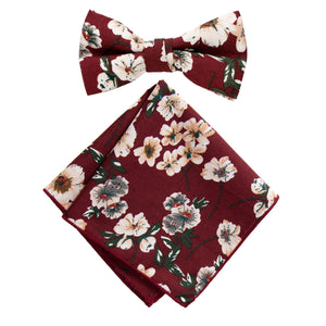 Boy's Cotton Floral Print Bow Tie and Pocket Square Set, Burgundy (Color F37)