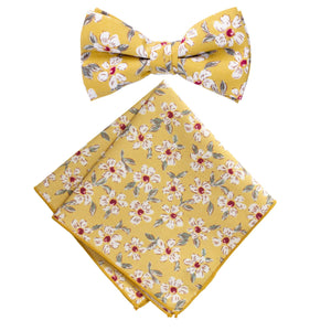 Boy's Cotton Floral Print Bow Tie and Pocket Square Set, Mustard (Color F32)