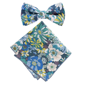 Boy's Cotton Floral Print Bow Tie and Pocket Square Set, Blue (Color F31)